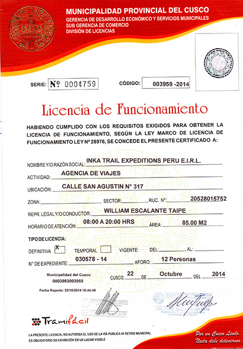 Licencia de Funcionamiento Inka Trail Expeditions